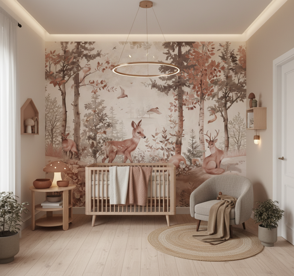 Papier peint forêt enchantée avec animaux et feuillage automnal - Chambre bébé