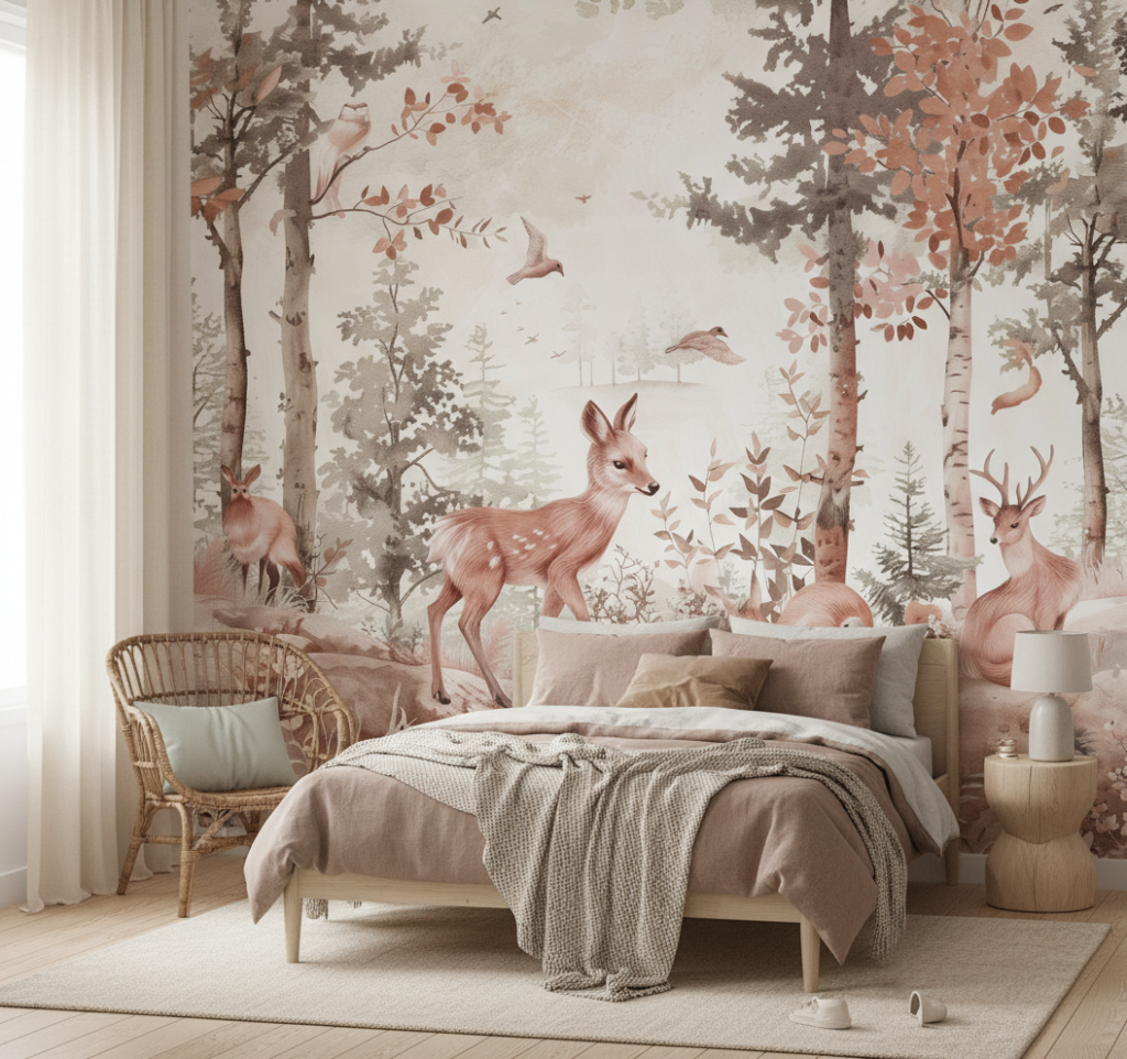 Papier peint forêt enchantée avec animaux et feuillage automnal - Chambre enfant