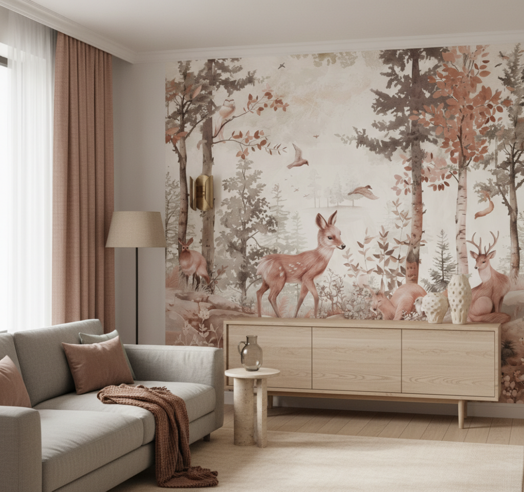 Papier peint forêt enchantée avec animaux et feuillage automnal - Salon / Séjour