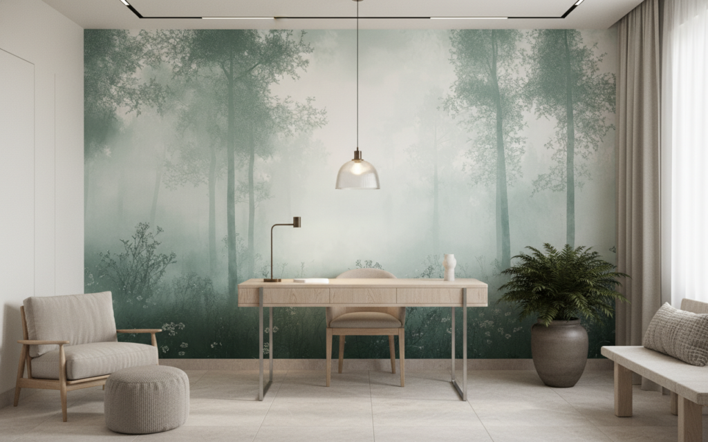 Papier Peint Forêt Enchantée Brume Matinale Atmosphère Mystérieuse - Bureau