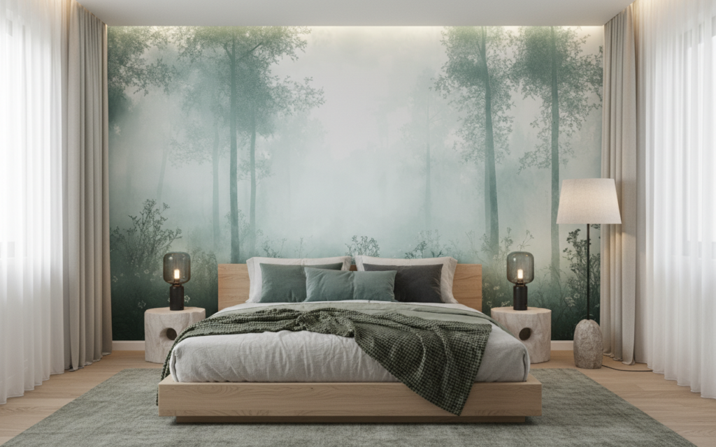 Papier Peint Forêt Enchantée Brume Matinale Atmosphère Mystérieuse - Chambre adulte