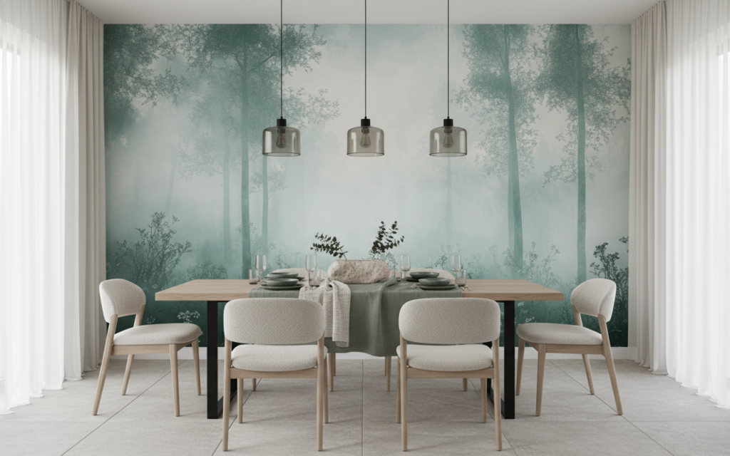 Papier Peint Forêt Enchantée Brume Matinale Atmosphère Mystérieuse - Salle à manger