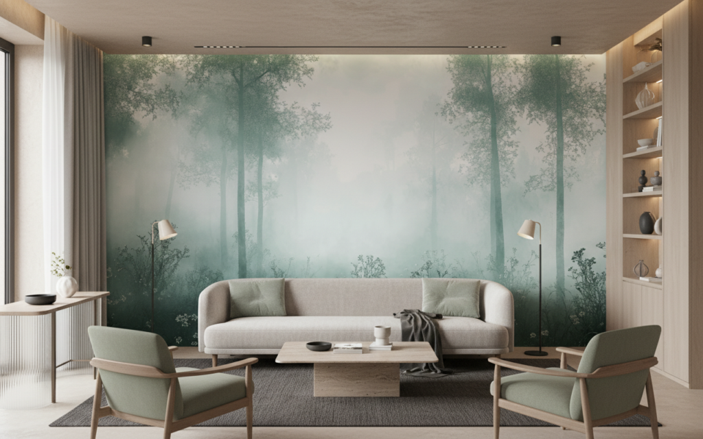 Papier Peint Forêt Enchantée Brume Matinale Atmosphère Mystérieuse - Salon / Séjour
