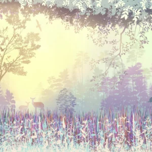 Papier peint forêt enchantée coucher de soleil tons pastel vintage