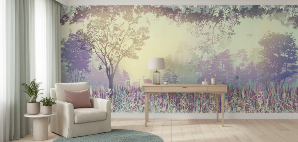 Papier peint forêt enchantée coucher de soleil tons pastel vintage - Bureau