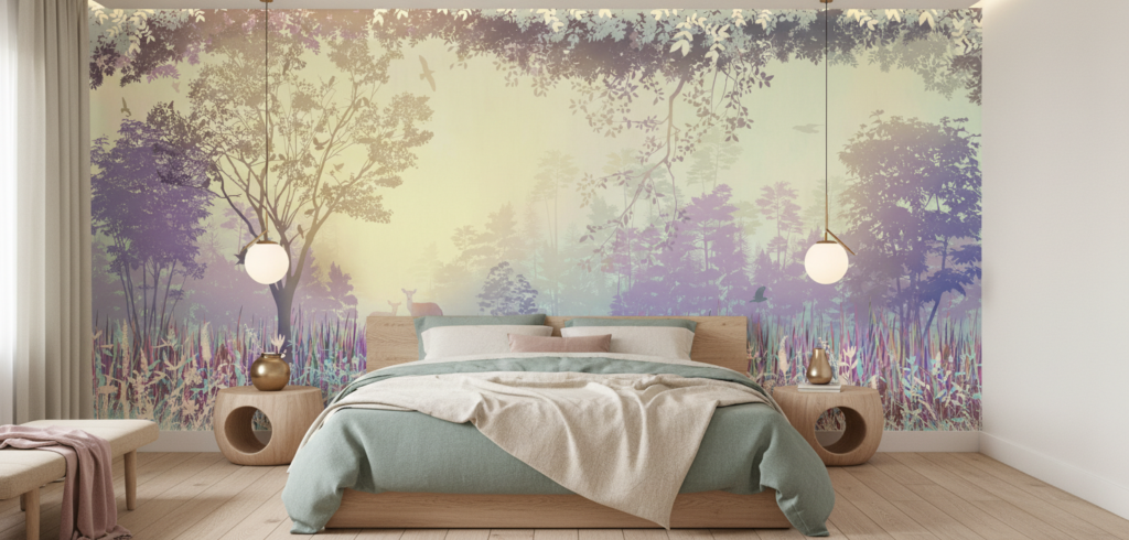 Papier peint forêt enchantée coucher de soleil tons pastel vintage - Chambre adulte