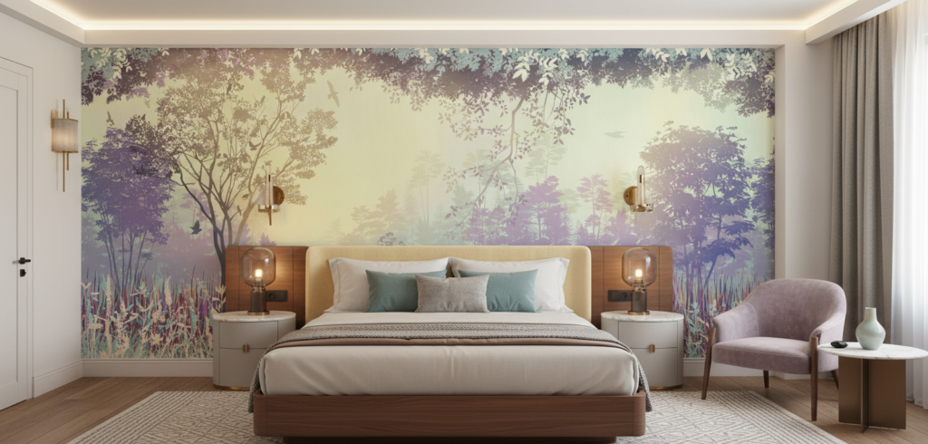 Papier peint forêt enchantée coucher de soleil tons pastel vintage - Hôtel