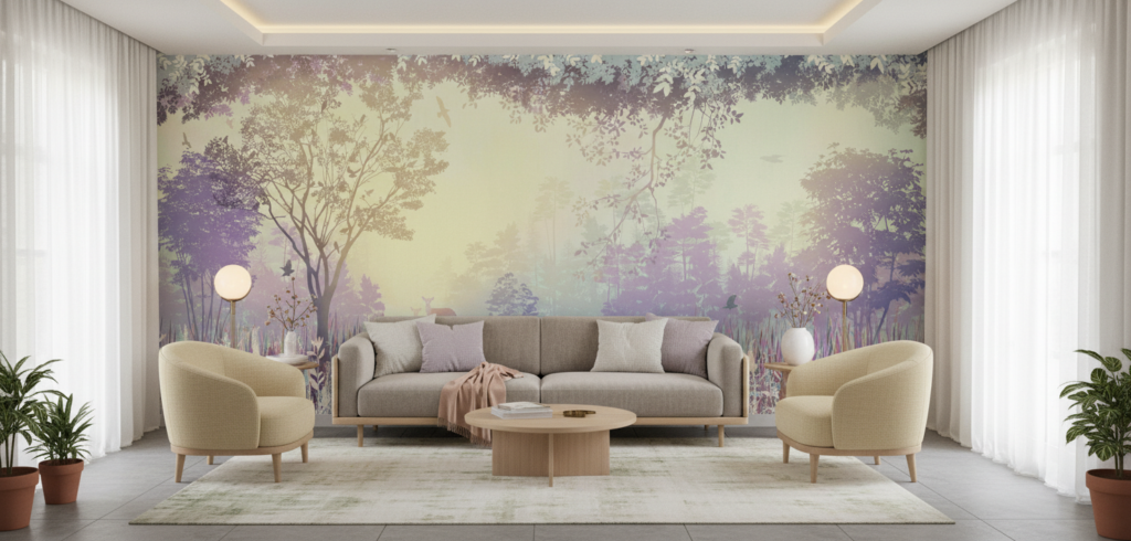 Papier peint forêt enchantée coucher de soleil tons pastel vintage - Salon / Séjour