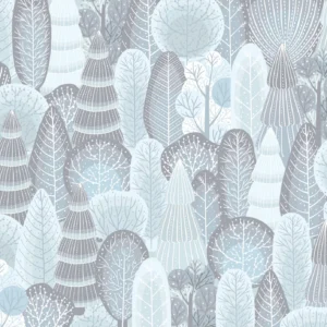 Papier peint forêt enchantée motifs arbres stylisés bleu gris