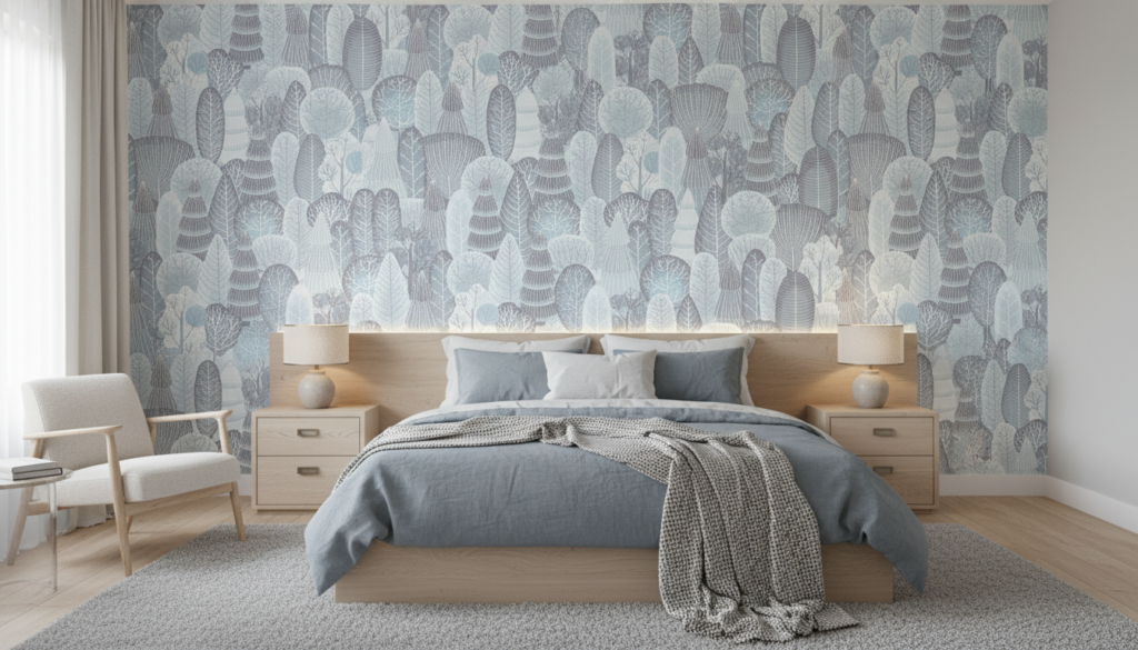 Papier peint forêt enchantée motifs arbres stylisés bleu gris - Chambre adulte