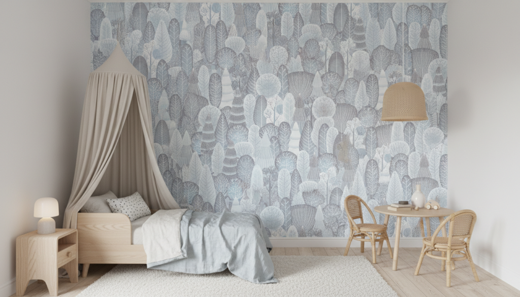 Papier peint forêt enchantée motifs arbres stylisés bleu gris - Chambre enfant