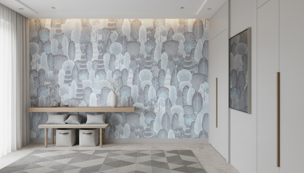 Papier peint forêt enchantée motifs arbres stylisés bleu gris - Couloir