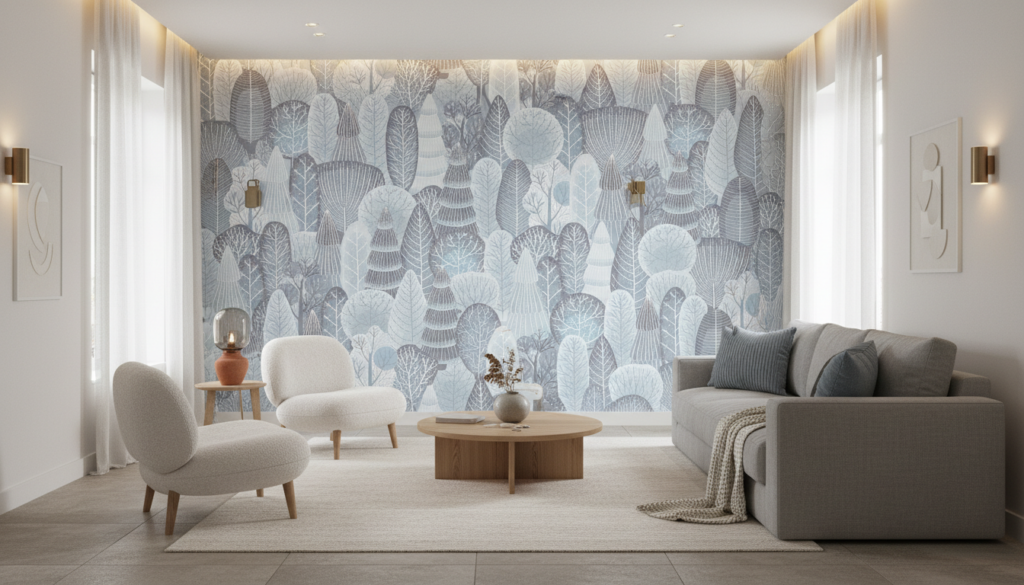Papier peint forêt enchantée motifs arbres stylisés bleu gris - Salon / Séjour