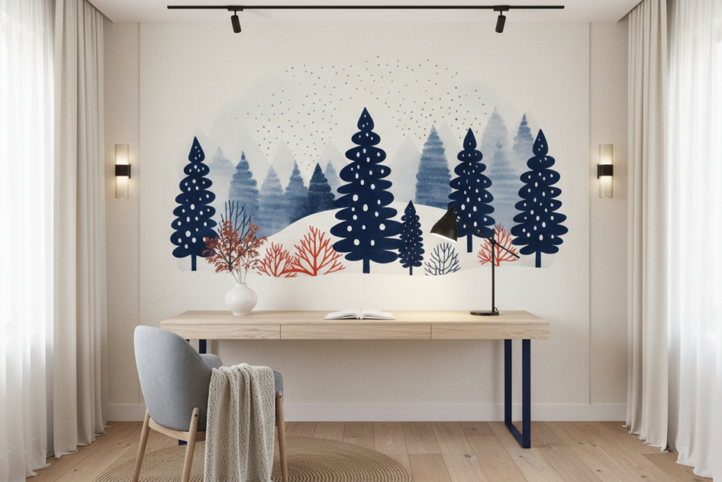 Papier Peint Forêt Hivernale Enneigée Style Scandinave Bleu - Bureau