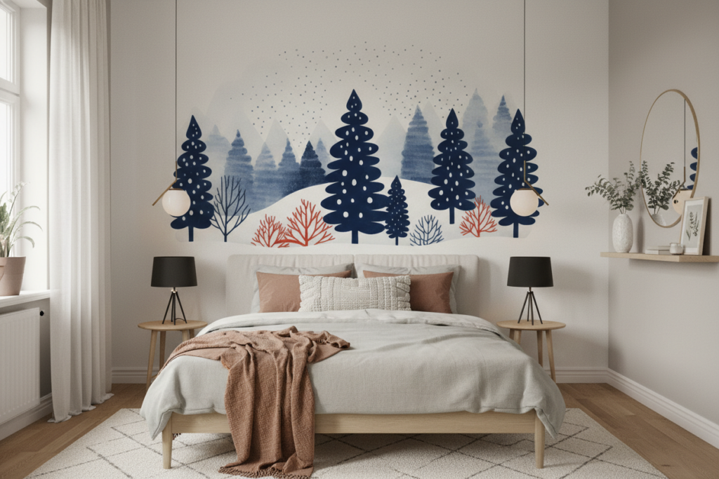 Papier Peint Forêt Hivernale Enneigée Style Scandinave Bleu - Chambre adulte