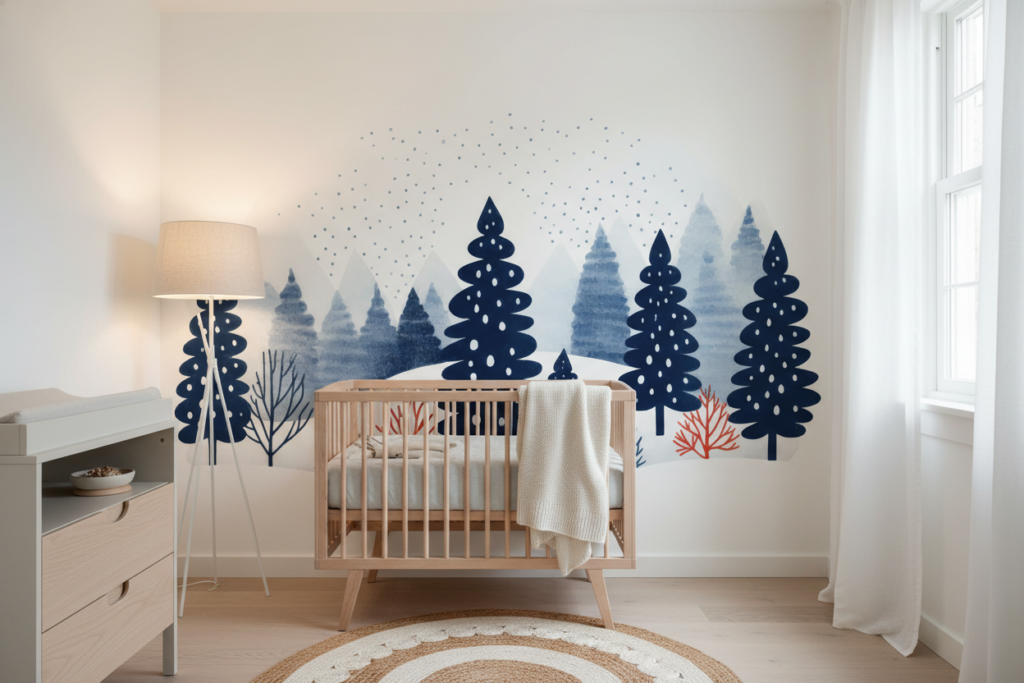 Papier Peint Forêt Hivernale Enneigée Style Scandinave Bleu - Chambre bébé