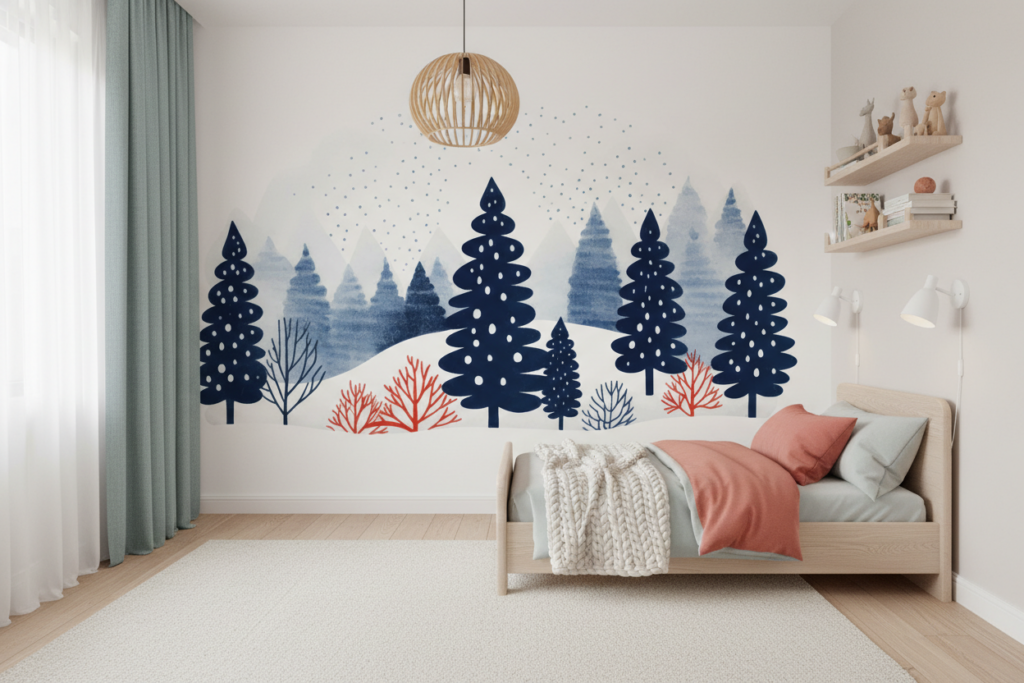 Papier Peint Forêt Hivernale Enneigée Style Scandinave Bleu - Chambre enfant