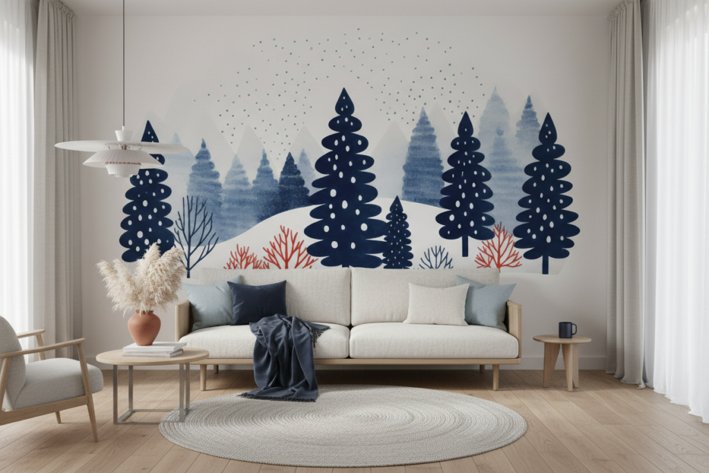 Papier Peint Forêt Hivernale Enneigée Style Scandinave Bleu - Salon / Séjour