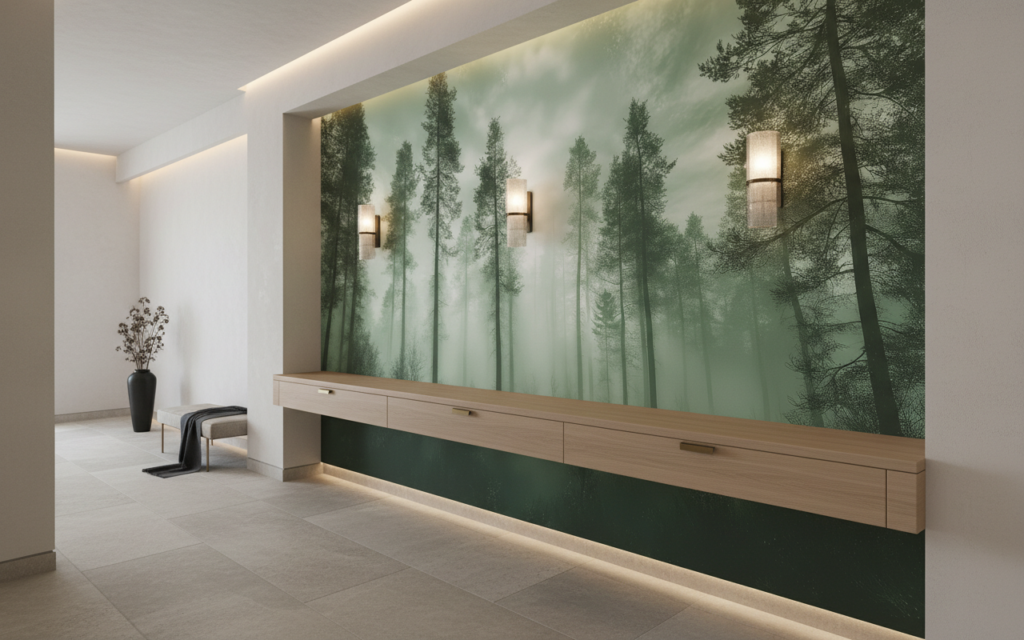 Papier Peint Forêt Mystérieuse aux Rayons de Lumière Verte - Couloir