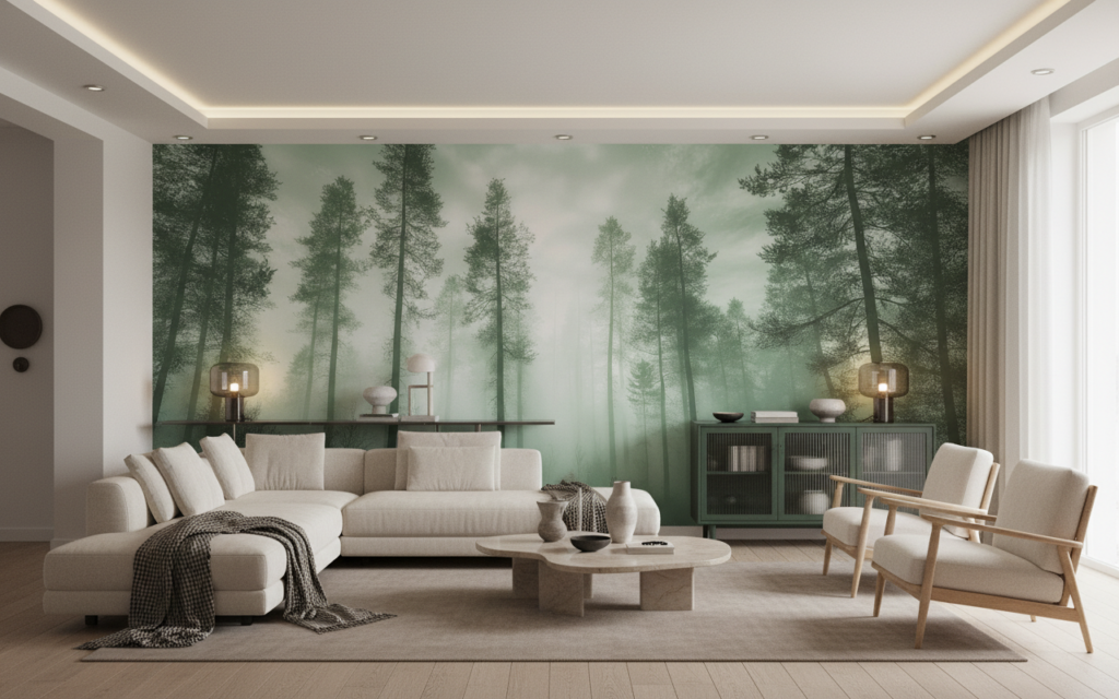 Papier Peint Forêt Mystérieuse aux Rayons de Lumière Verte - Salon / Séjour