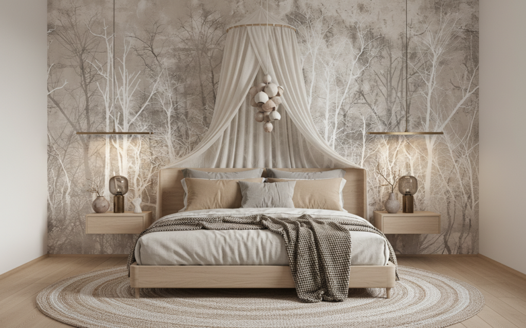 Papier peint forêt mystérieuse aux tons beiges et blancs - Chambre adulte