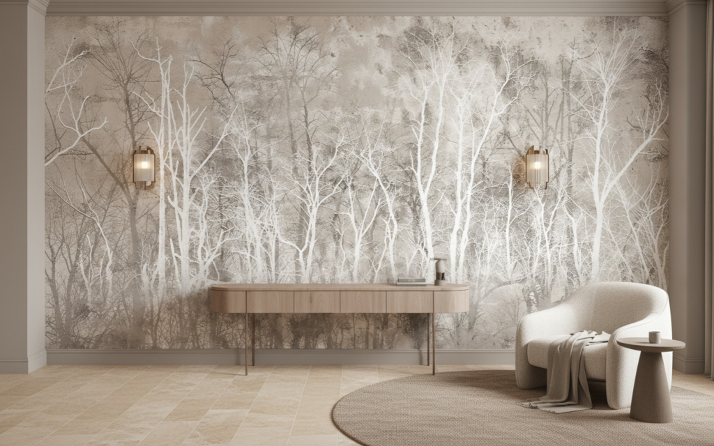 Papier peint forêt mystérieuse aux tons beiges et blancs - Hôtel