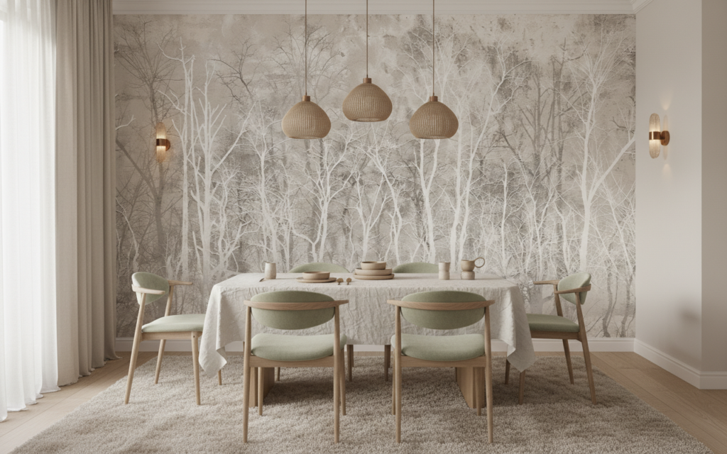 Papier peint forêt mystérieuse aux tons beiges et blancs - Salle à manger