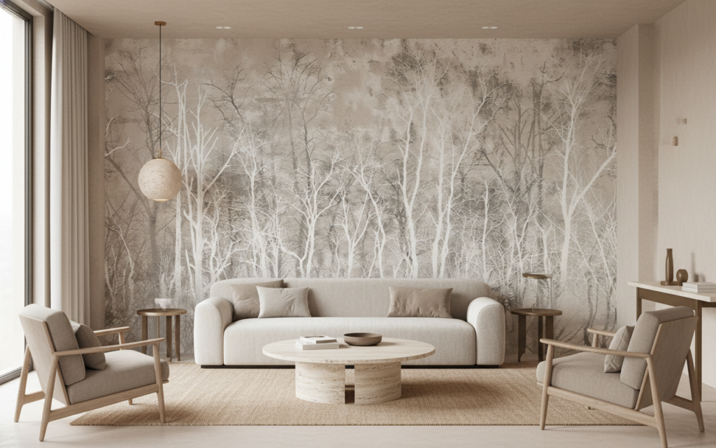 Papier peint forêt mystérieuse aux tons beiges et blancs - Salon / Séjour