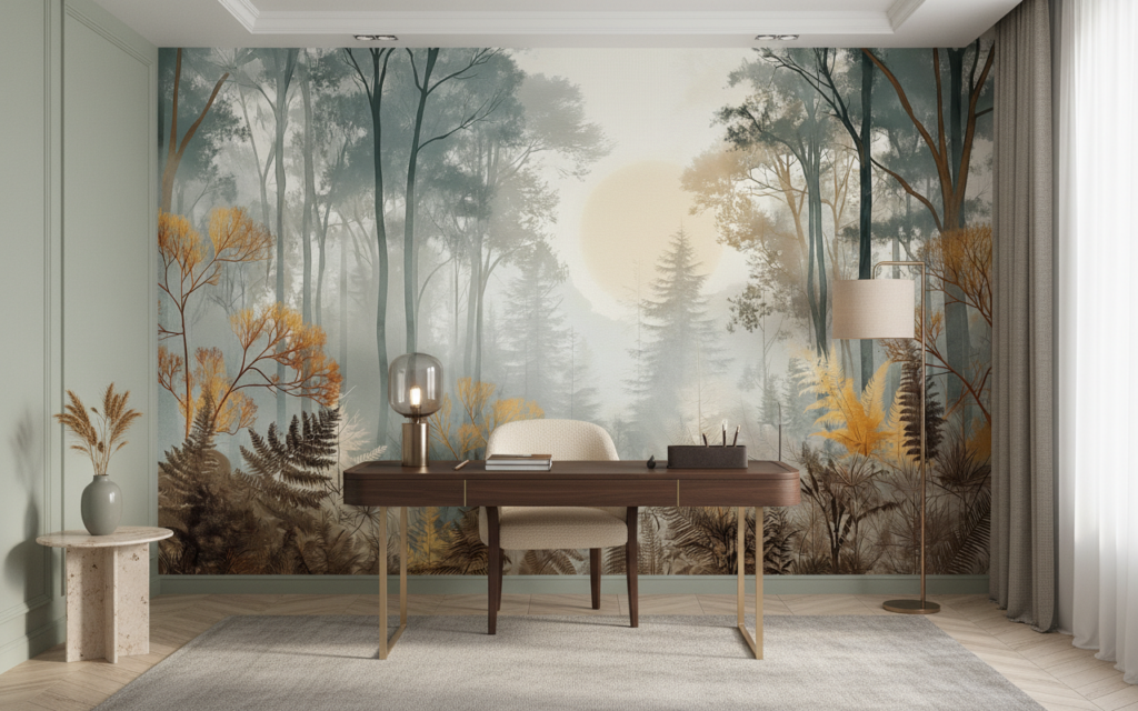 Papier Peint Forêt Mystérieuse aux Tons Dorés et Brumeux - Bureau