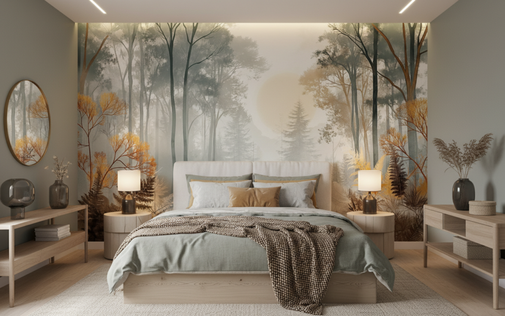 Papier Peint Forêt Mystérieuse aux Tons Dorés et Brumeux - Chambre adulte