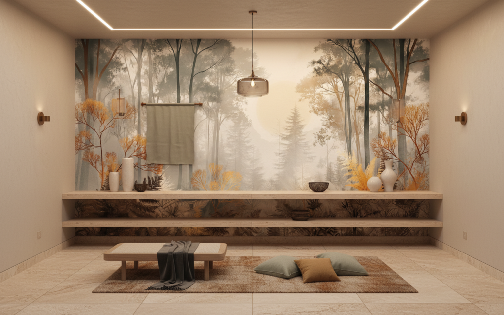 Papier Peint Forêt Mystérieuse aux Tons Dorés et Brumeux - Couloir