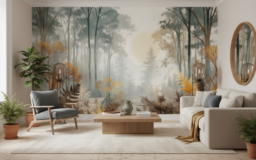 Papier Peint Forêt Mystérieuse aux Tons Dorés et Brumeux - Salon / Séjour