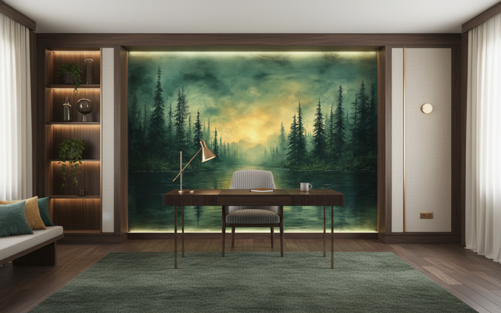 Papier Peint Forêt Mystique avec Reflets Dorés sur Lac - Bureau