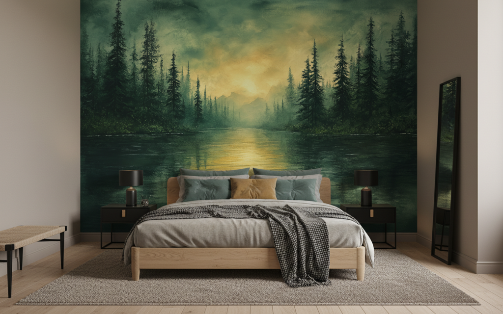 Papier Peint Forêt Mystique avec Reflets Dorés sur Lac - Chambre adulte