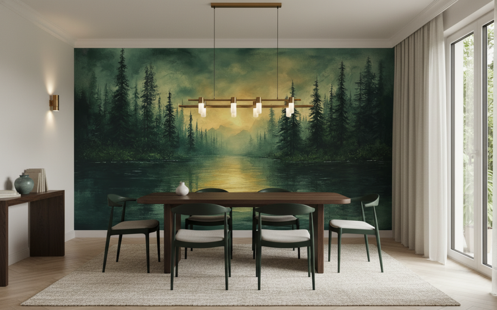 Papier Peint Forêt Mystique avec Reflets Dorés sur Lac - Salle à manger