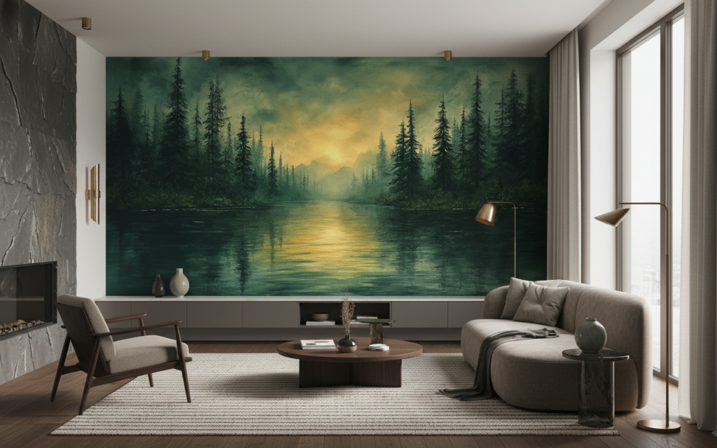 Papier Peint Forêt Mystique avec Reflets Dorés sur Lac - Salon / Séjour