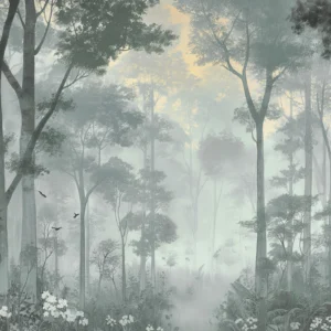 Papier Peint Forêt Mystique Brume Matinale Oiseaux Voltigeant