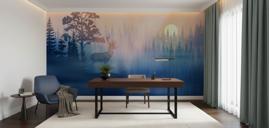 Papier Peint Forêt Mystique Cerf au Clair de Lune - Bureau