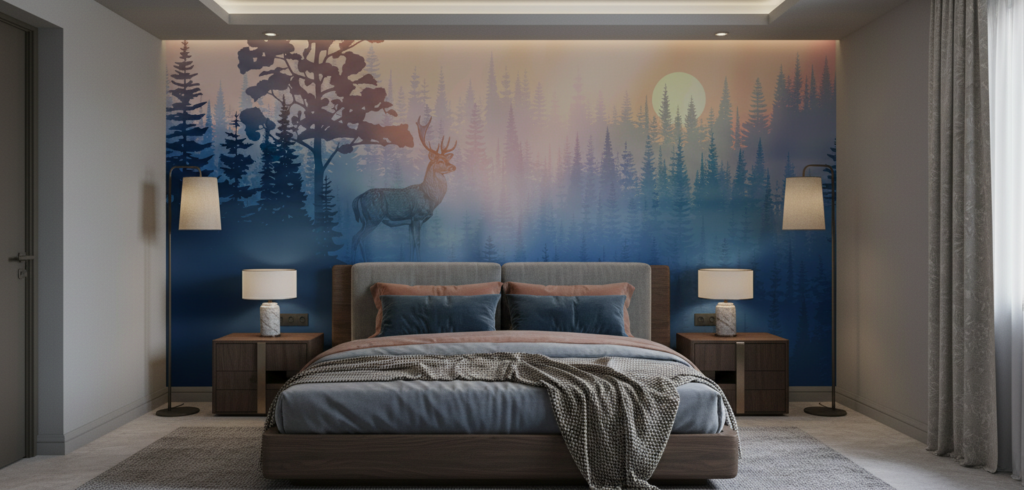 Papier Peint Forêt Mystique Cerf au Clair de Lune - Chambre adulte