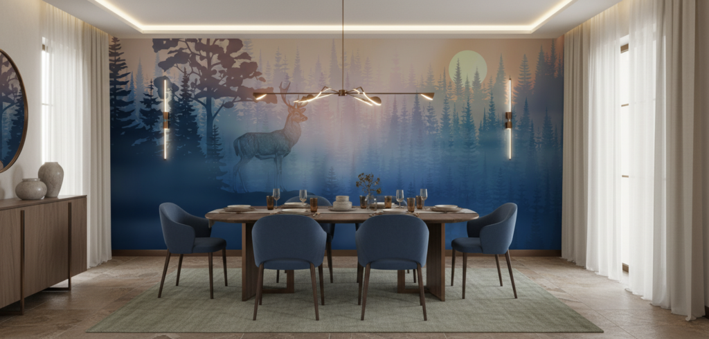 Papier Peint Forêt Mystique Cerf au Clair de Lune - Salle à manger