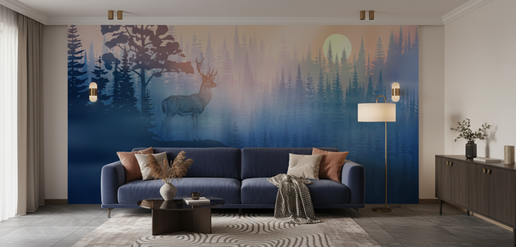 Papier Peint Forêt Mystique Cerf au Clair de Lune - Salon / Séjour