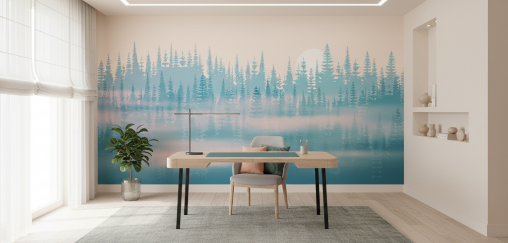 Papier Peint Forêt Nordique Brume Pastel Ambiance Scandinave - Bureau