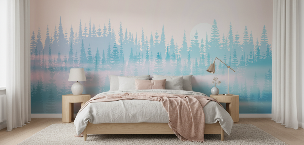 Papier Peint Forêt Nordique Brume Pastel Ambiance Scandinave - Chambre adulte