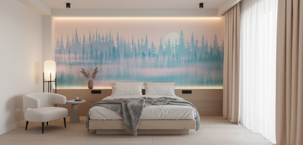 Papier Peint Forêt Nordique Brume Pastel Ambiance Scandinave - Hôtel
