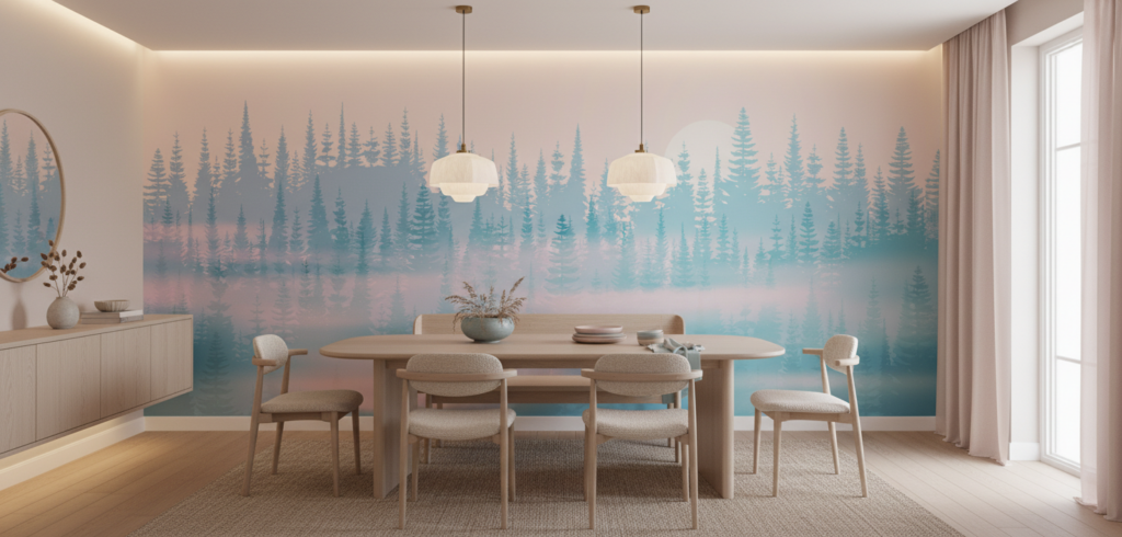 Papier Peint Forêt Nordique Brume Pastel Ambiance Scandinave - Salle à manger