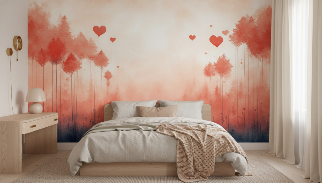 Papier Peint Forêt Romantique aux Cœurs Corail et Rose - Chambre ado