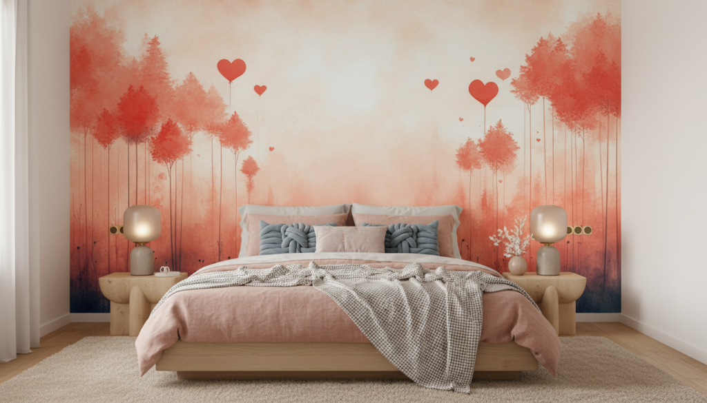 Papier Peint Forêt Romantique aux Cœurs Corail et Rose - Chambre adulte