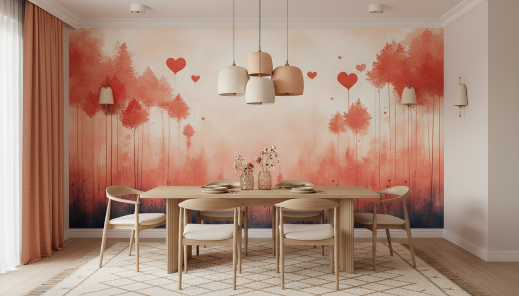 Papier Peint Forêt Romantique aux Cœurs Corail et Rose - Salle à manger