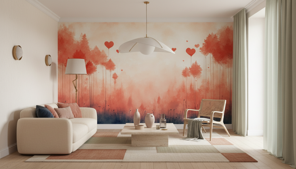 Papier Peint Forêt Romantique aux Cœurs Corail et Rose - Salon / Séjour
