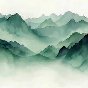 Papier Peint Montagnes Vertes Effet Aquarelle Style Zen Asiatique